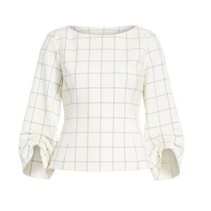 Tibi Cream and Blue Windowpane Plaid Ruched Cuff Blouse Size 2